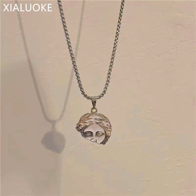 XIALUOKE Retro Long Enamel Glaze Portrait Pendant Necklace For Women Contracted Personality Sweater Chain Necklaces Jewelry