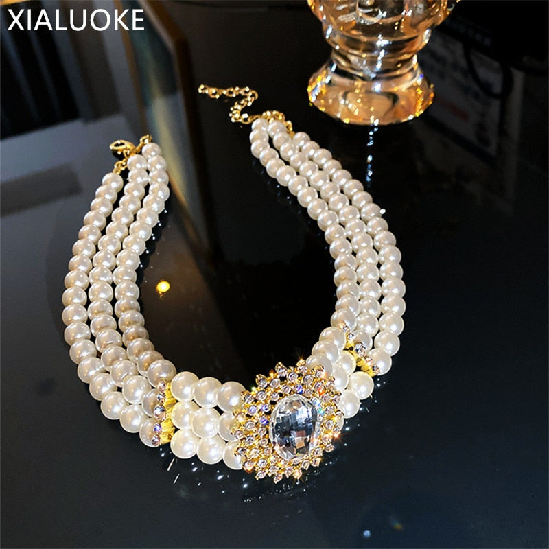 XIALUOKE Three Layer Pearl Crystal Glass Large Choker Necklace For Women Vintage Hyperbole Multilayer Flowers Short Necklaces