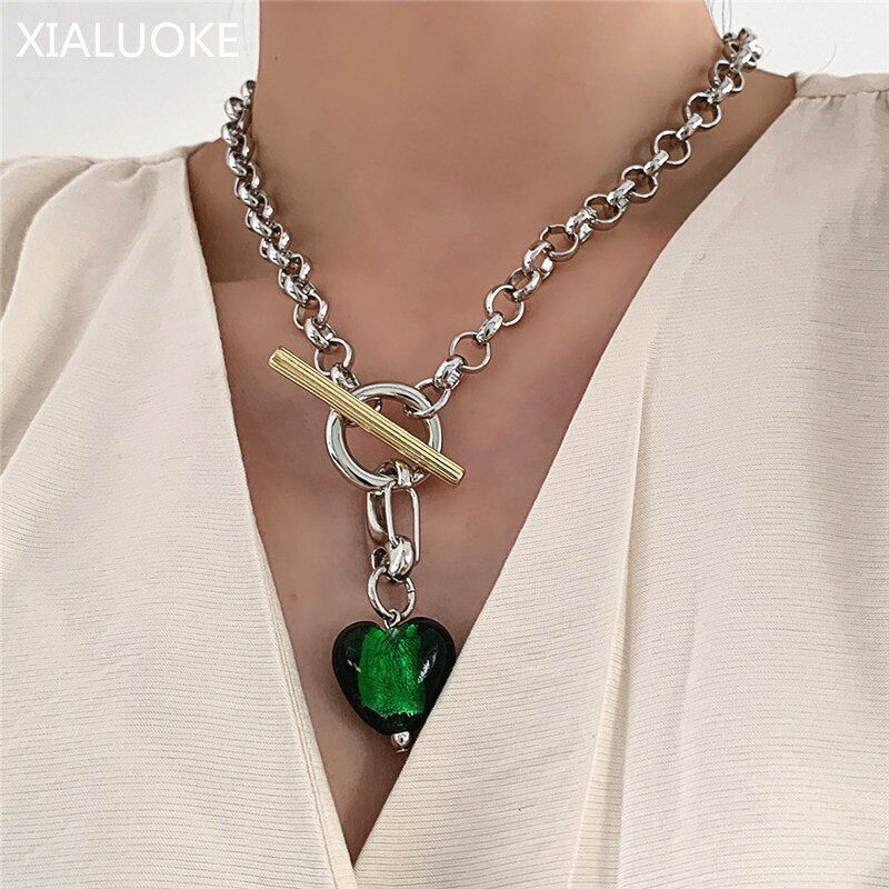 XIALUOKE Vintage Hyperbole Green Glass Pendant Necklace For Women Punk Metal Coarse Chain Chokers Necklace Party Jewelry