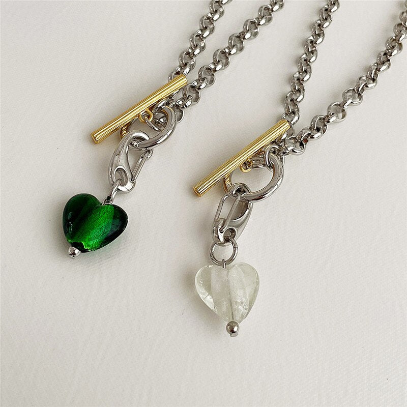 XIALUOKE Vintage Hyperbole Green Glass Pendant Necklace For Women Punk Metal Coarse Chain Chokers Necklace Party Jewelry