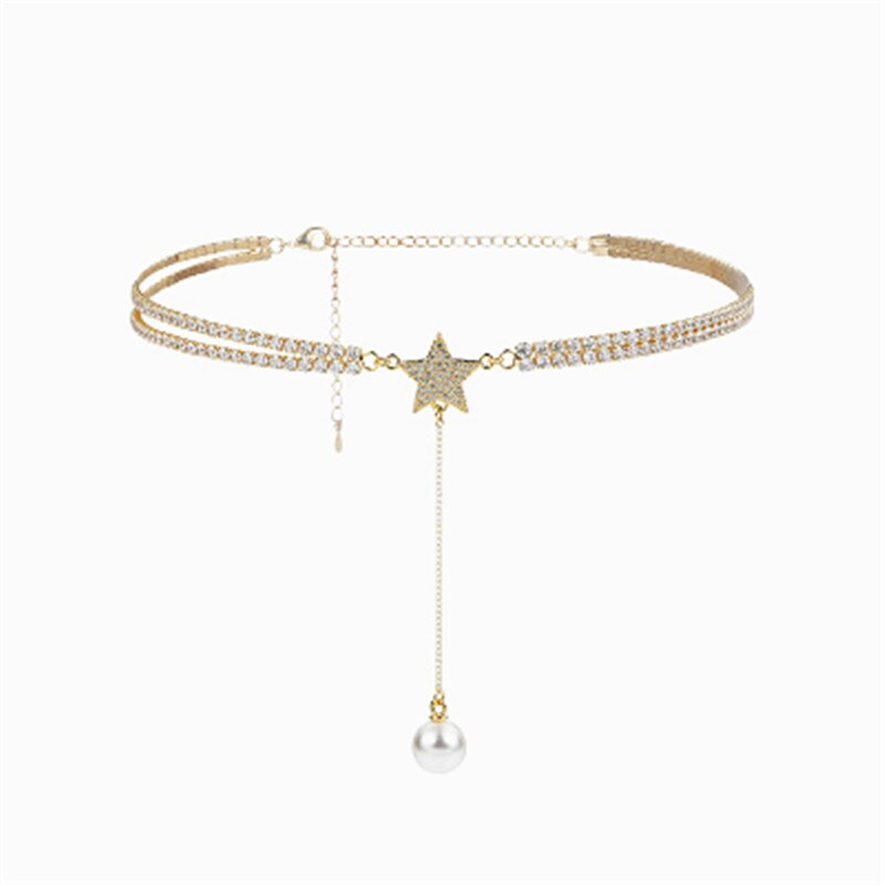 XIAO YOUNG Gold-color Rhinestone Choker Necklace Elegant Simulated Pearl Star Tassel Necklaces & Pendants Cute Gifts