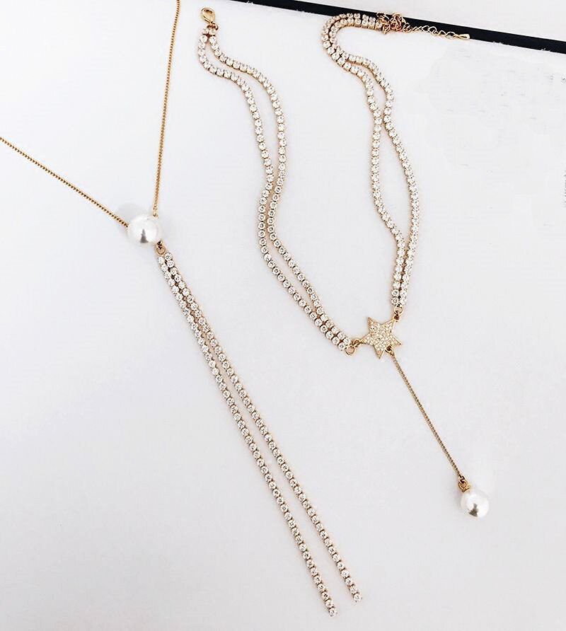 XIAO YOUNG Gold-color Rhinestone Choker Necklace Elegant Simulated Pearl Star Tassel Necklaces & Pendants Cute Gifts