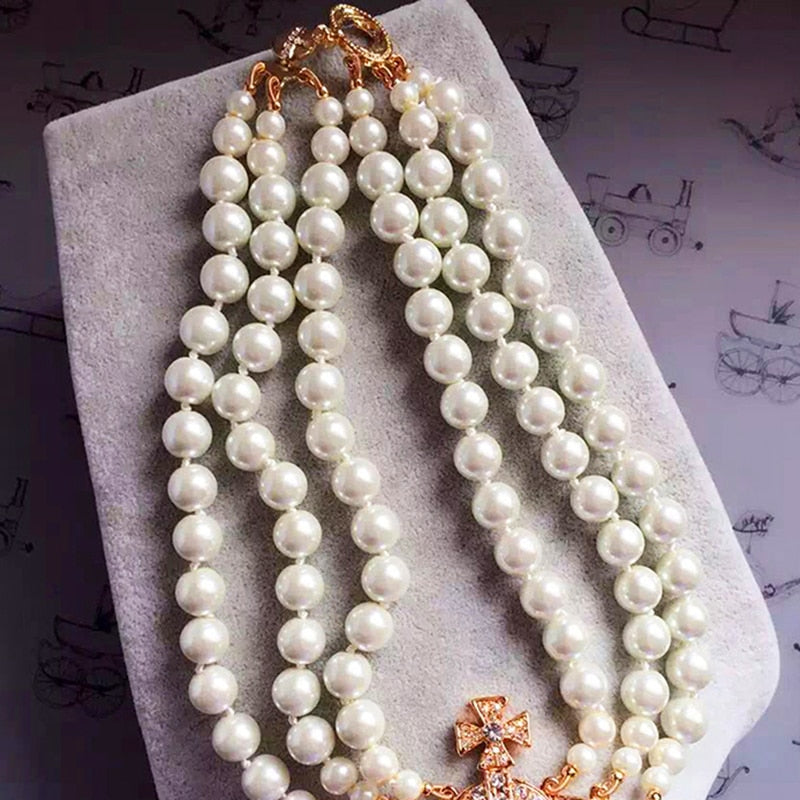 XIAOJINGLING Three Layers High Gloss Pearl Rhinestone Stone Necklace Clavicle Chain Retro Bridal Wedding Jewelry Accessory