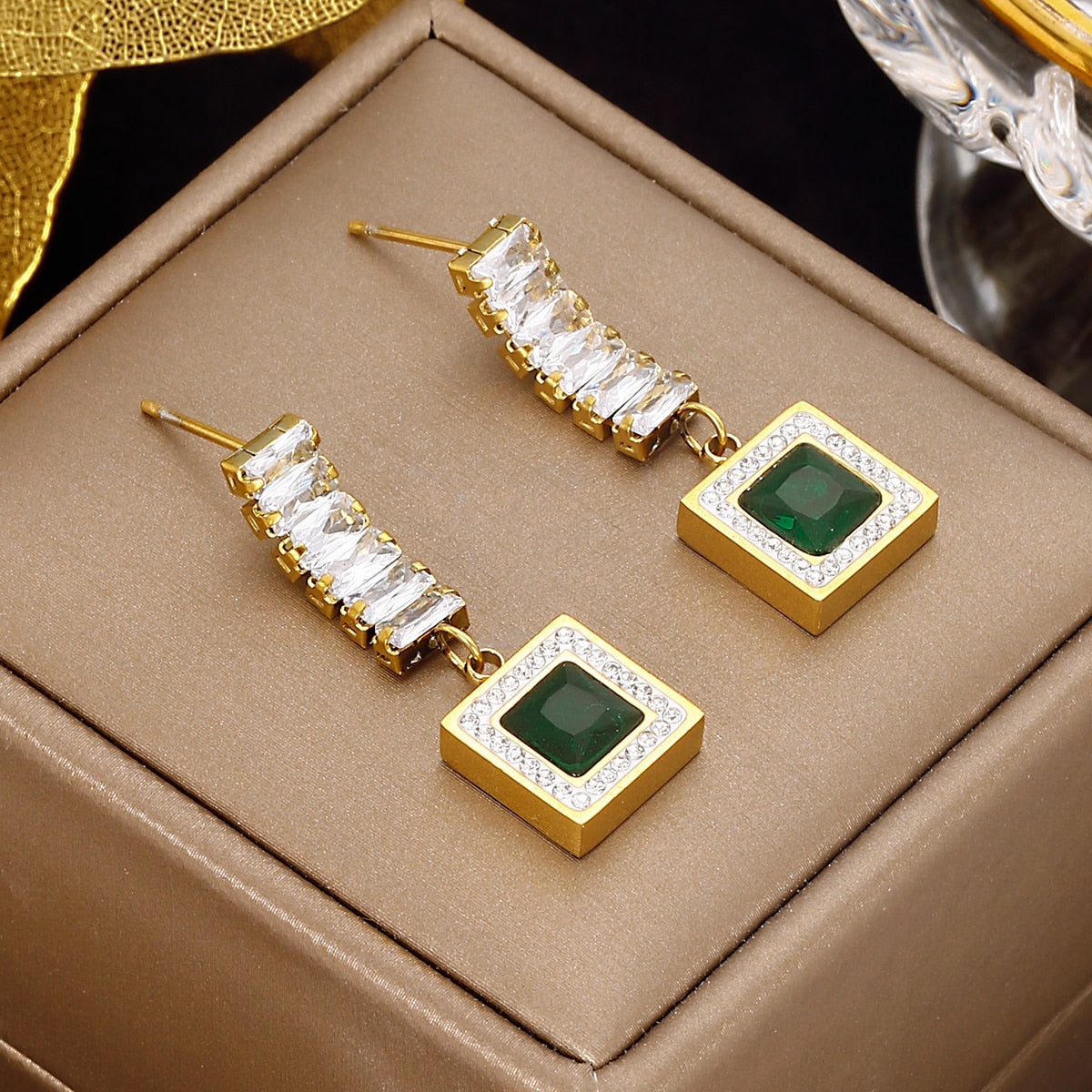 XINYIXIN 316L Stainless Steel Green Zircon Square Drop EarringsFor Women Vintage Ethnic Gold Color Girls Ear Jewelry Party Gifts
