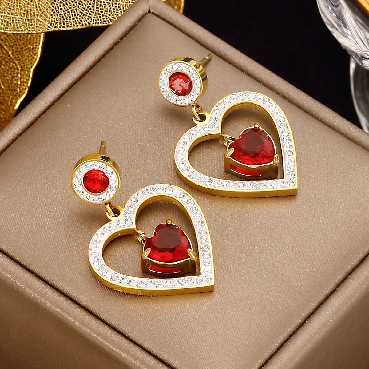 XINYIXIN 316L Stainless Steel Heart Red Zircon Drop Earrings For Women Trend Girls  Ear Jewelry Birthday Gifts Серьги