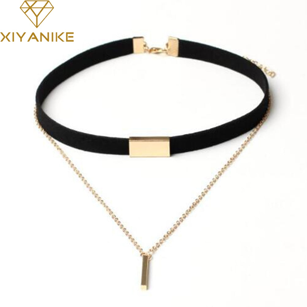 XIYANIKE Black Velvet Choker Necklace Gold Chain Bar Chokers Necklace For Women collares mujer collier ras du cou N664