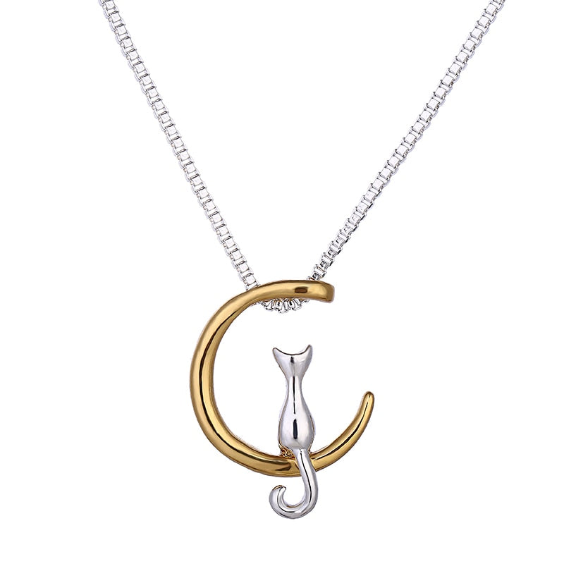 New Fashion Jewelry Silver Gold Moon Lovely Cat Necklaces Pendant For Women Gifts Simple Temperament Cute Chain N457