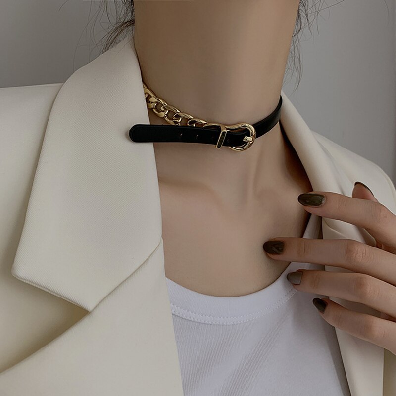 XUFAN Punk Gold Black Leather Choker Stitched Choker Necklace for Woman Korean Jewelry Gothic Girl Sexy Clavicle Chain