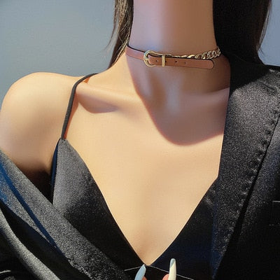 XUFAN Punk Gold Black Leather Choker Stitched Choker