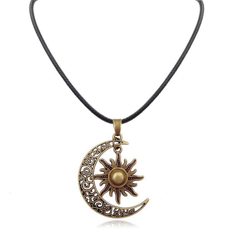 Trendy Crescent Moon& Sun Charm Necklace Black Leather Silver Color Long Chain Cheap Necklaces Jewelry For Women