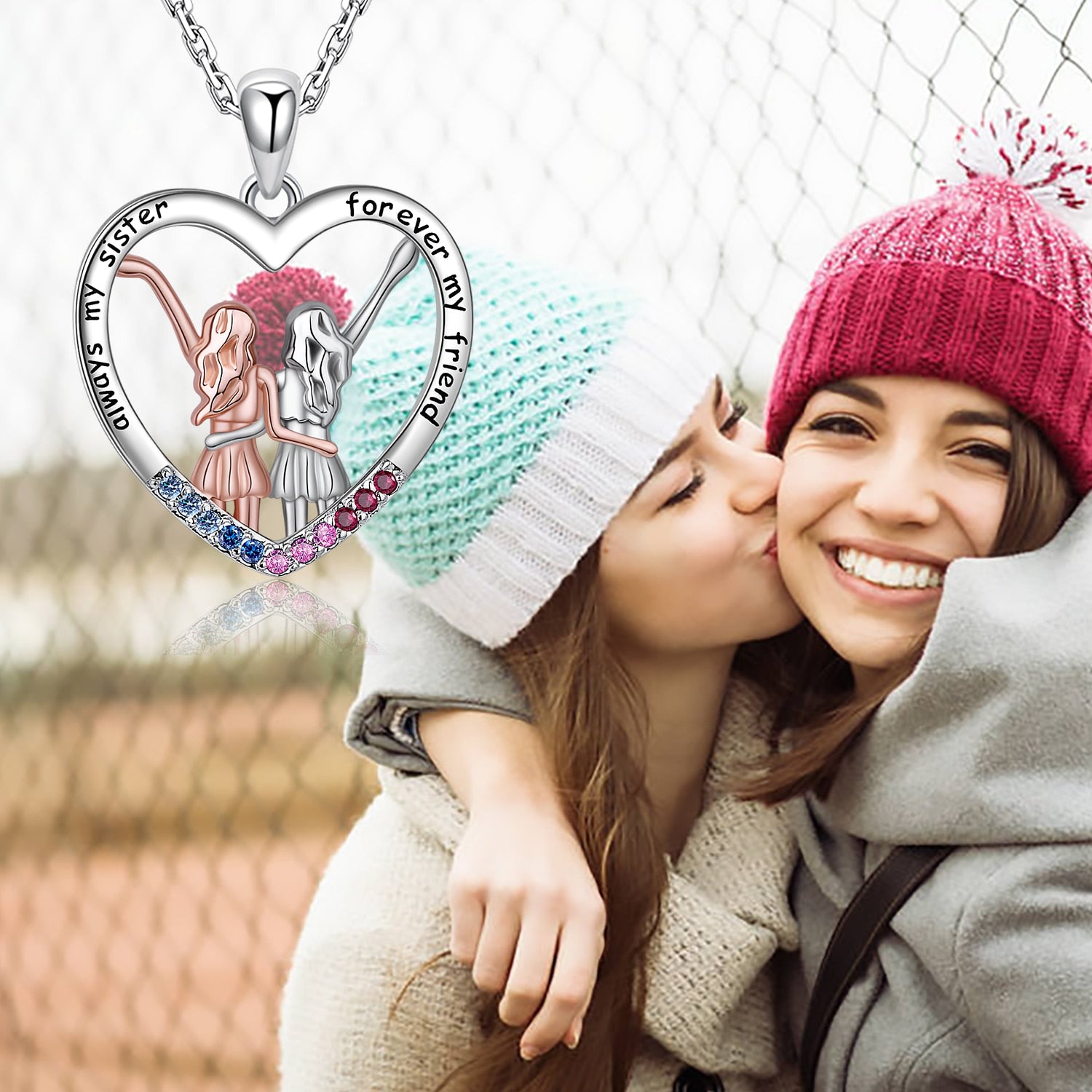 XiaoJing 925 Sterling Silver Sisters Necklace Always My Sister Forever My Friend Heart Pendant Necklace Fine Jewelry for Sisters