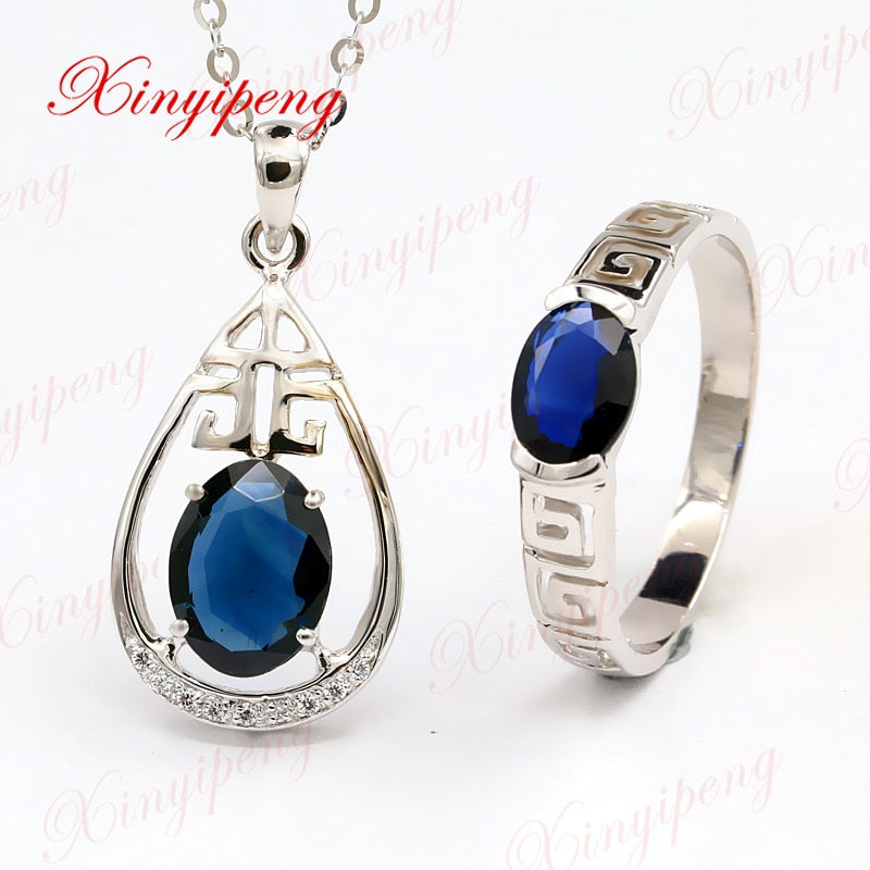 Xin yi peng 18 k white Gold inlaid natural sapphire necklace jewelry suit two-piece women Anniversary gift