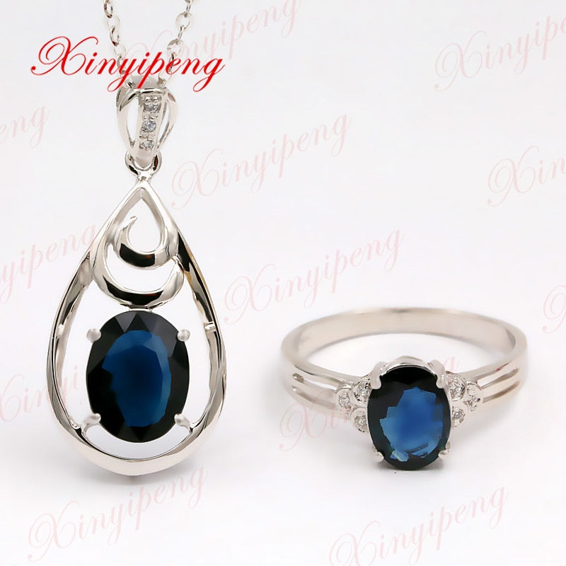 Xin yi peng 18 k white Gold inlaid natural sapphire necklace jewelry suit two-piece women
