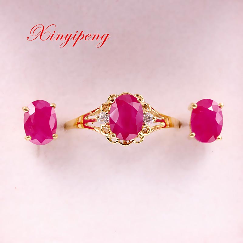 Xin yi peng 18 k yellow gold inlaid natural ruby ring earrings jewelry suit, women jewelry, simple and easy