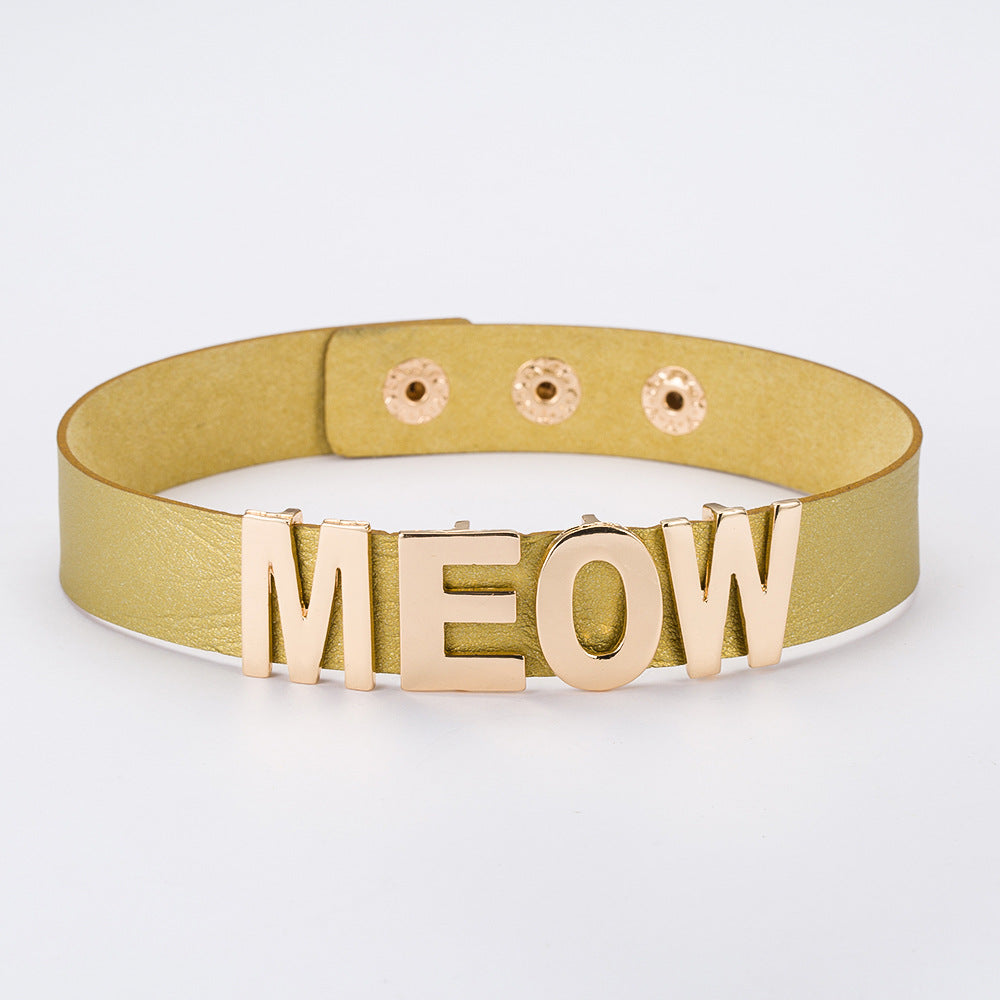 2020 New Gold Color Meow Cat Choker Collar Necklace Women Female Black White Blue Red Torque Leather Necklaces Collares