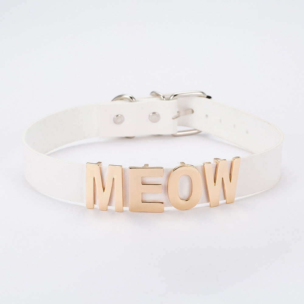 2020 New Gold Color Meow Cat Choker Collar Necklace Women Female Black White Blue Red Torque Leather Necklaces Collares