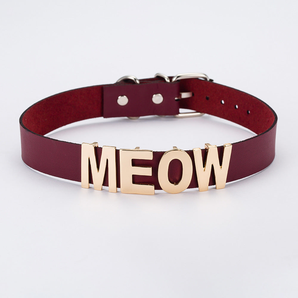 2020 New Gold Color Meow Cat Choker Collar Necklace Women Female Black White Blue Red Torque Leather Necklaces Collares