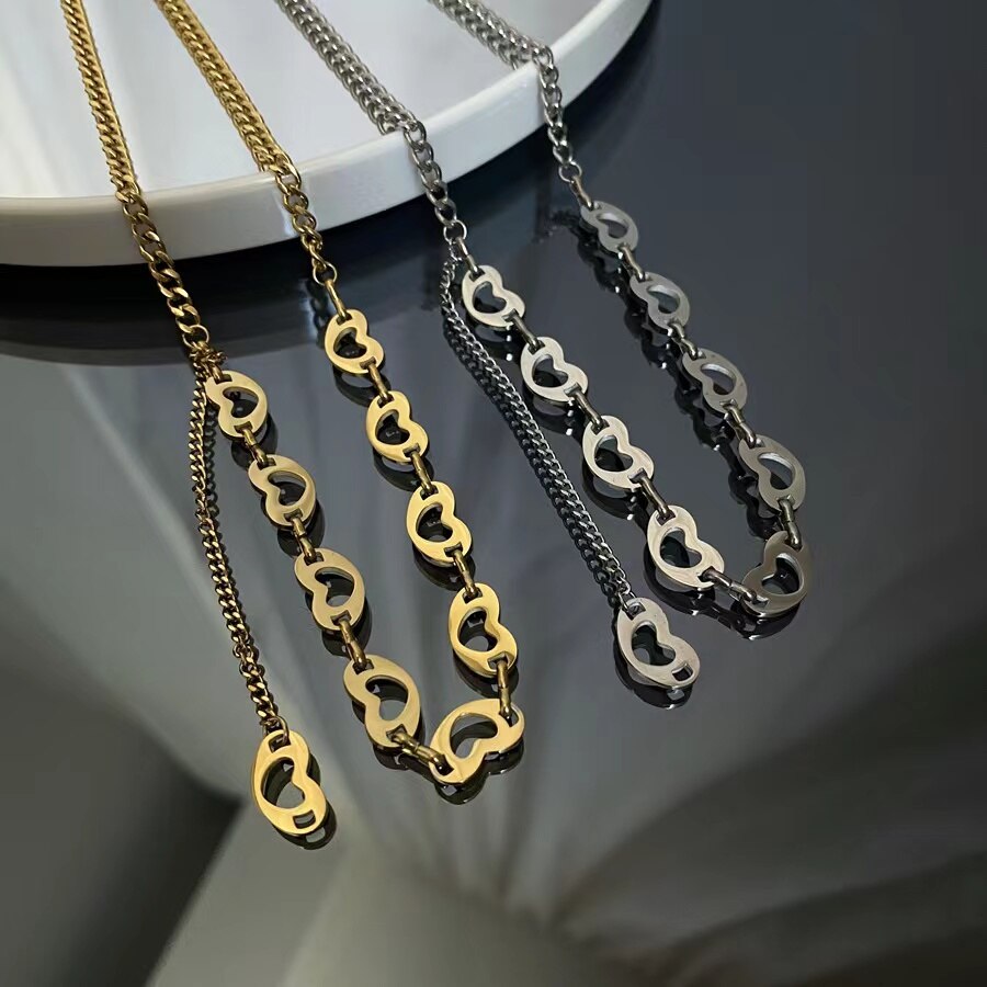 Xinyixin Titanium steel Gold Silver Color Heart Hollow Chain Neacklace for Women Collier Acier Inoxydable Femme 2022 mujer