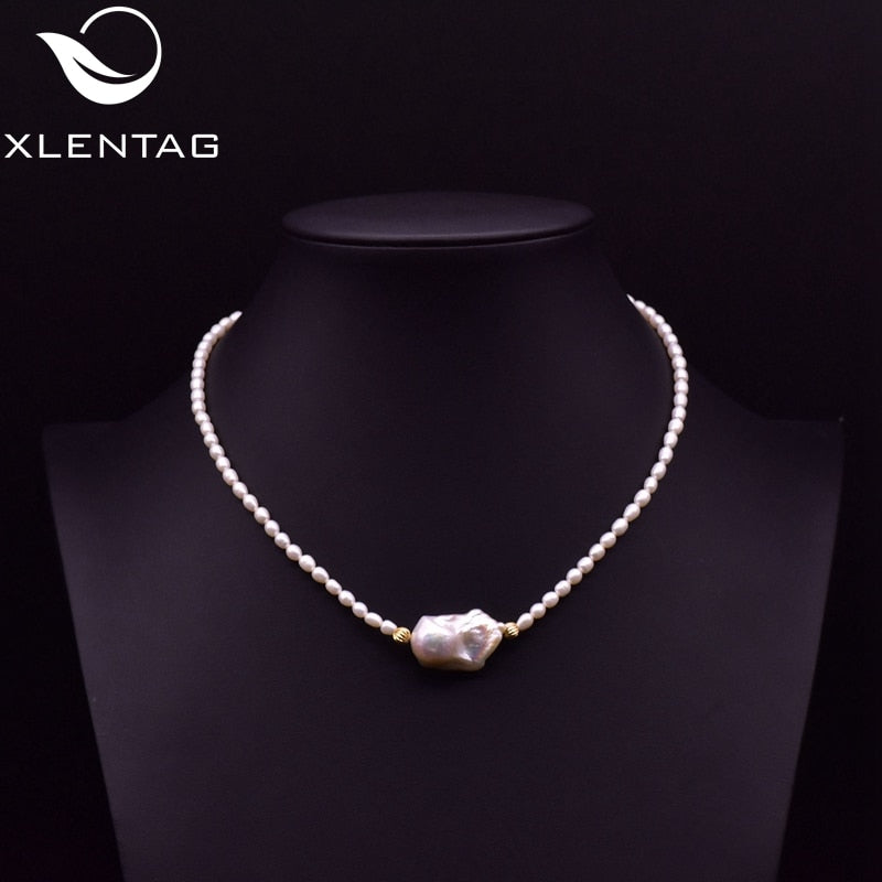 XlentAg Natural Freshwater Pearls Beaded Necklaces & Pendants Baroque Pearl Iced Out Women Accessories Friendship Jewelry GN0202