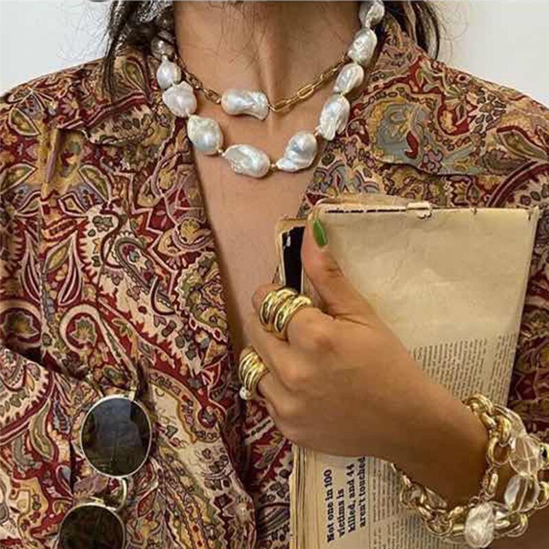 Xnmiscott Jewelry 2pcs/set Alloy Double-layer Baroque Irregular Pearl Necklace Hip-Hop Clavicle Chain for Women Friend Collier