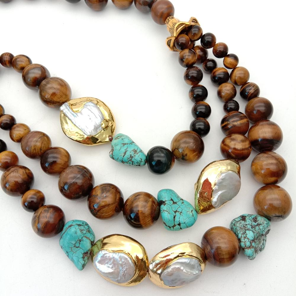 Y·YING  20'' Natural 3 Strands White Keshi Pearl Yellow Tigers Eye Round Turquoise Nugget statement Necklace for women