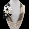 Y·YING 25" 6 Strands White Rice Pearl Onyx Shell Flower Statement Necklace