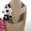 Y·YING 25" 6 Strands White Rice Pearl Onyx Shell Flower Statement Necklace