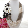 Y·YING 25" 6 Strands White Rice Pearl Onyx Shell Flower Statement Necklace