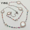 Y·YING 36'' White Coin  Pearl Mixed Color Cz pave Chain Long Necklace Trendy Gold Copper Chain For Women Charm Jewelry