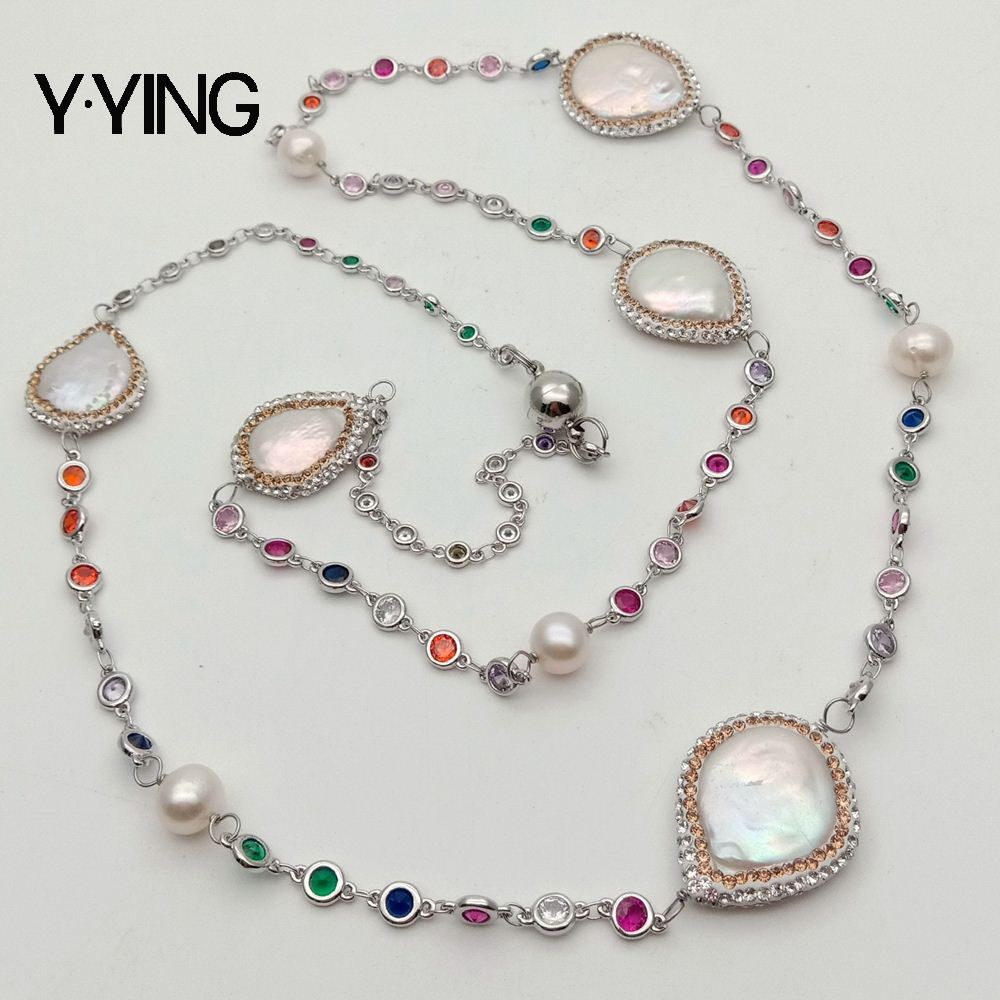 Y·YING 36'' White Coin  Pearl Mixed Color Cz pave Chain Long Necklace Trendy Gold Copper Chain For Women Charm Jewelry
