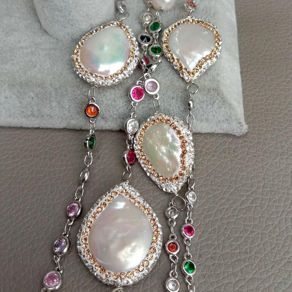 Y·YING 36'' White Coin  Pearl Mixed Color Cz pave Chain Long Necklace Trendy Gold Copper Chain For Women Charm Jewelry