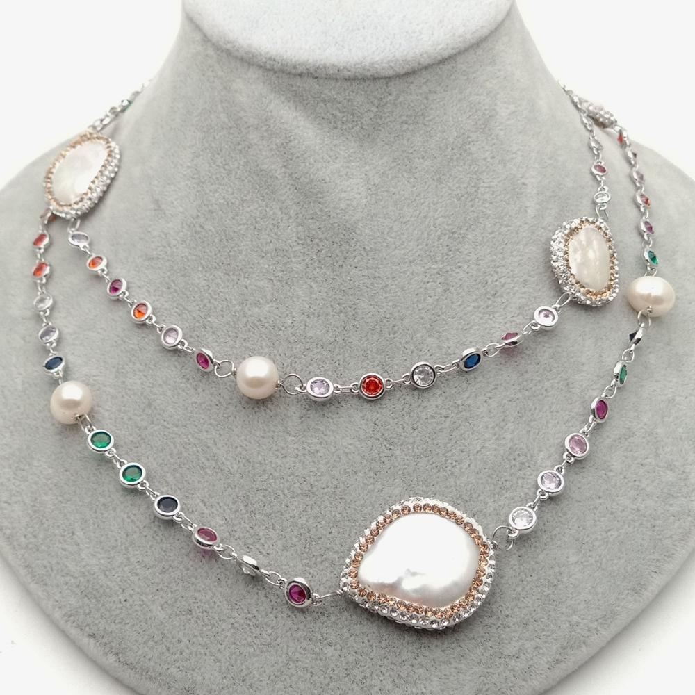 Y·YING 36'' White Coin  Pearl Mixed Color Cz pave Chain Long Necklace Trendy Gold Copper Chain For Women Charm Jewelry