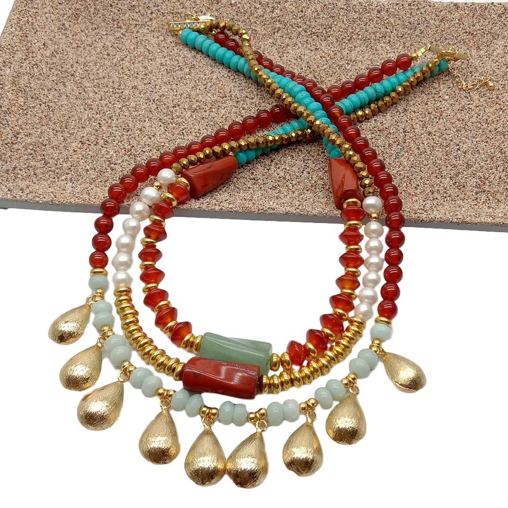 Y·YING Cultured White freshwater Pearl carnelian  Amazonite howlite rondelle gold color teardrop beads statement Necklace 17"