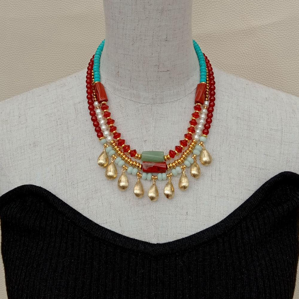 Y·YING Cultured White freshwater Pearl carnelian  Amazonite howlite rondelle gold color teardrop beads statement Necklace 17"