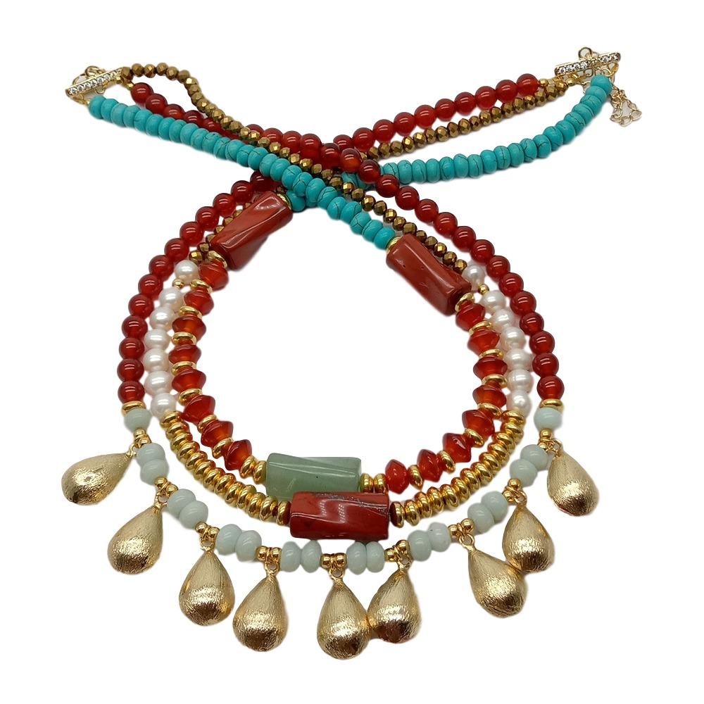 Y·YING Cultured White freshwater Pearl carnelian  Amazonite howlite rondelle gold color teardrop beads statement Necklace 17"
