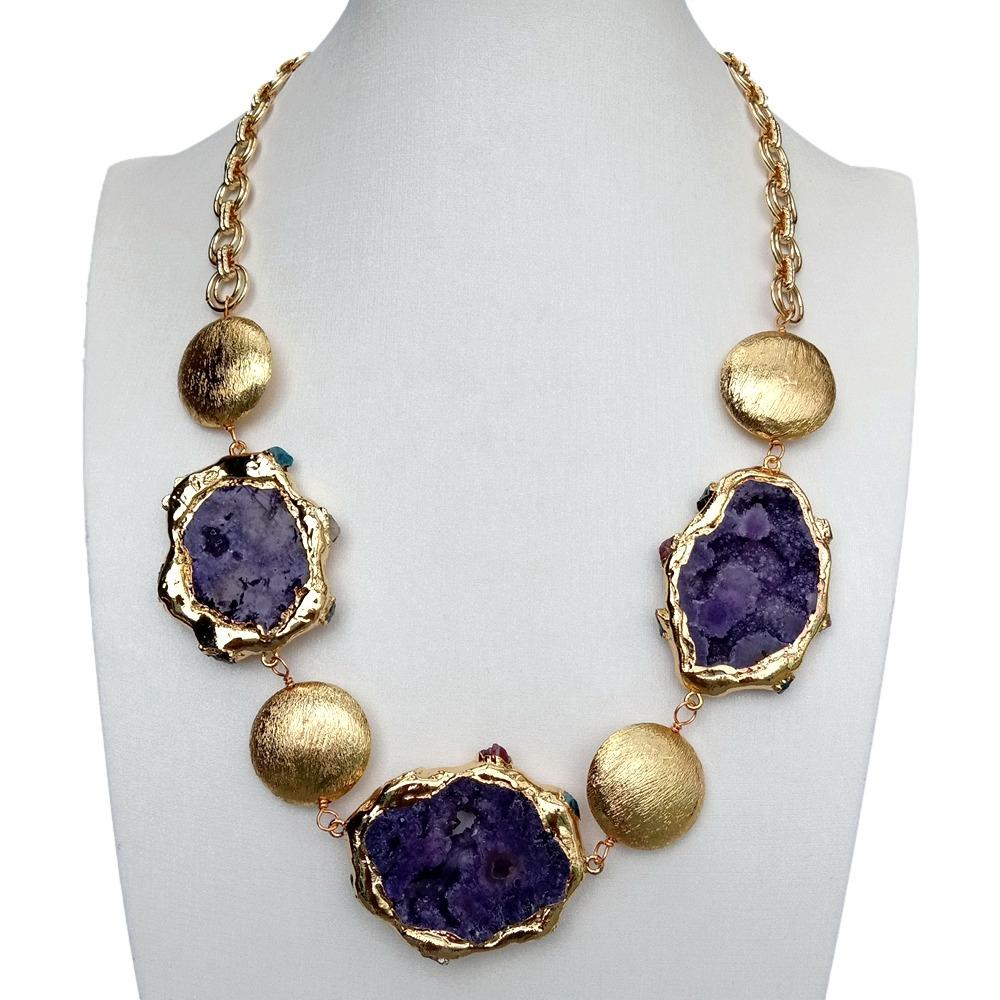 Y·YING Purple Agate Slice Gold Plated Brushed Coin Bead Chain Statement Necklace 23