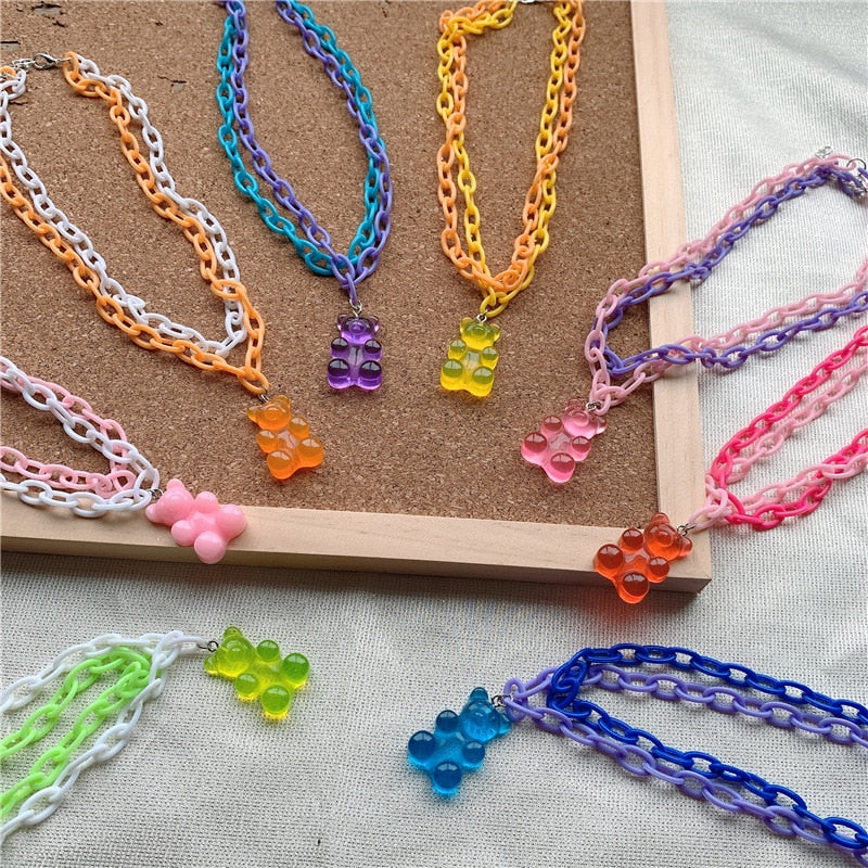 Y2K Cute Cartoon Candy Gummy Bear Choker Necklace For Girls Double Layer Two Color Contrast Acrylic Chain Necklace Jewelry Gifts