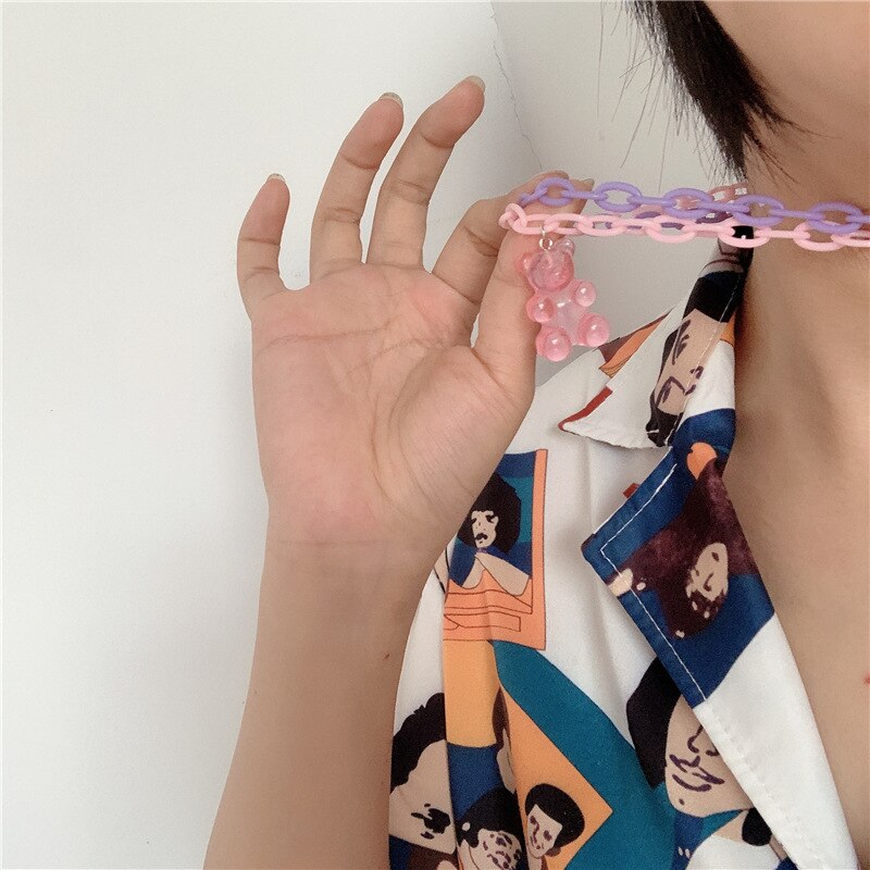 Y2K Cute Cartoon Candy Gummy Bear Choker Necklace For Girls Double Layer Two Color Contrast Acrylic Chain Necklace Jewelry Gifts