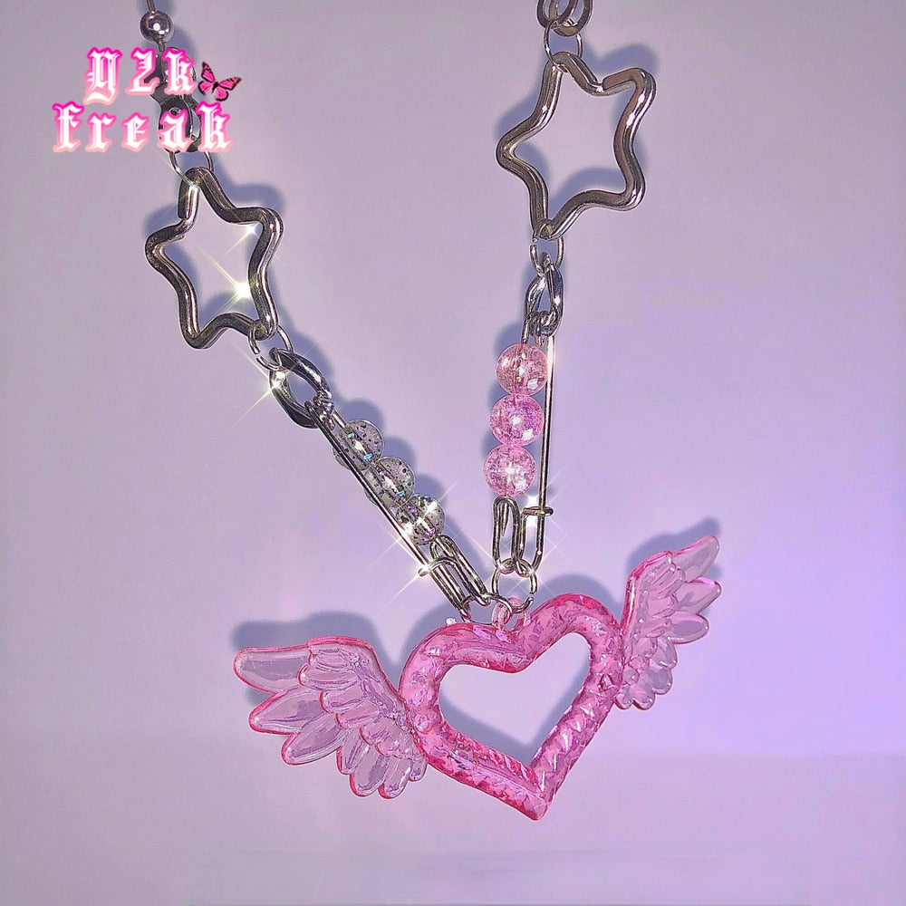 Y2K Freak Neon Girl Acrylic Transparent Love Wing Pin Pearl Chain Necklace  Aesthetic Gothic Punk Egirl