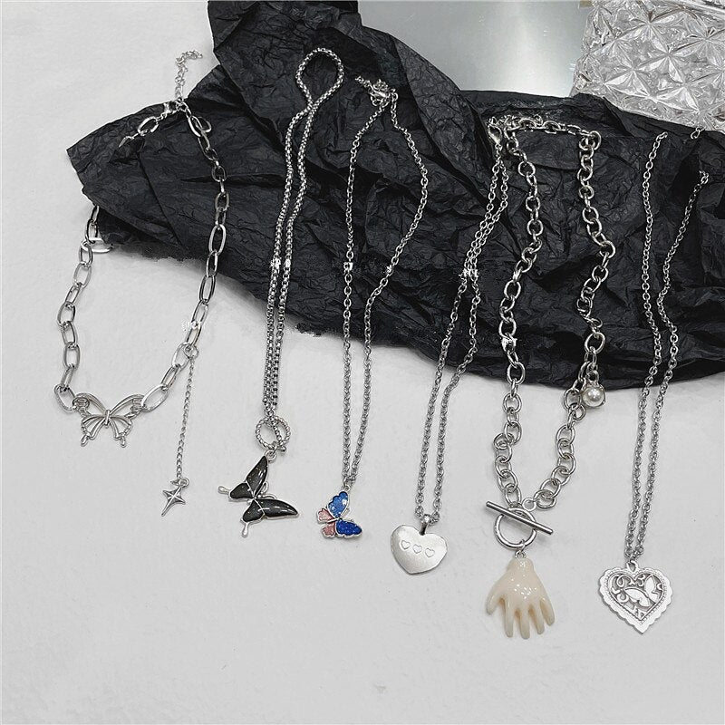 Y2K Hollow Heart Pendant Necklace For Women Metal Goth Butterfly Charms Vintage 90s Style Choker Necklace Jewelry Aesthetics