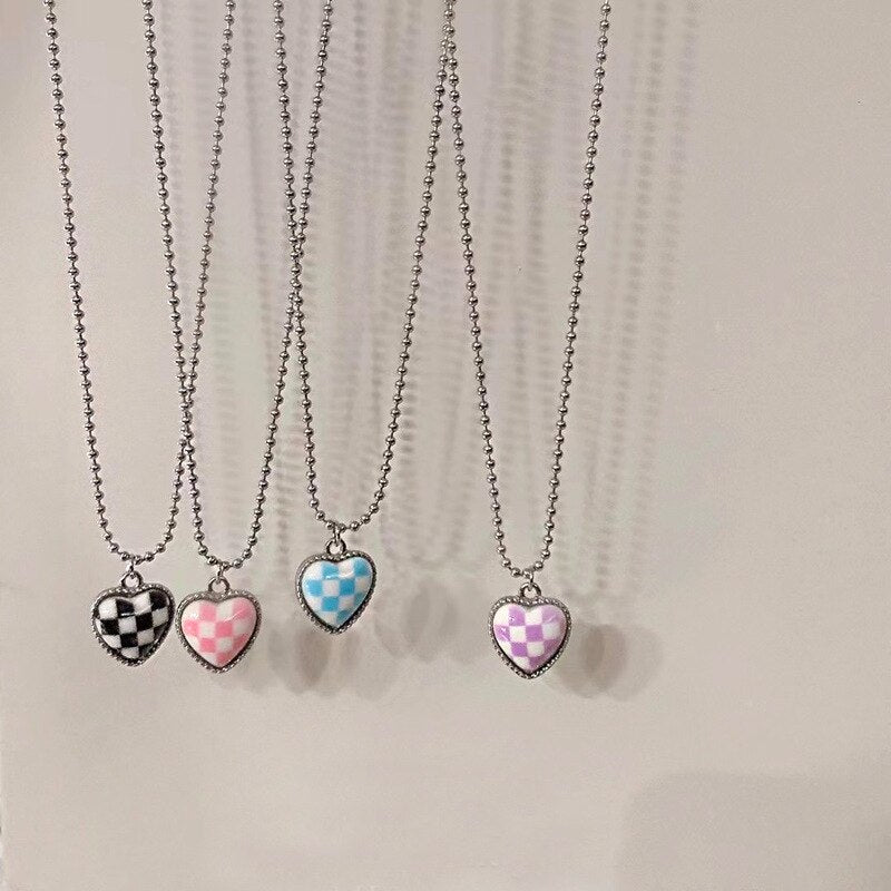 Y2K Jewelry Heart Candy Color Plaid Necklace For Women Metal Vintage Punk Hip Hop Necklace Charm 90S Aesthetic Gifts 2022 New
