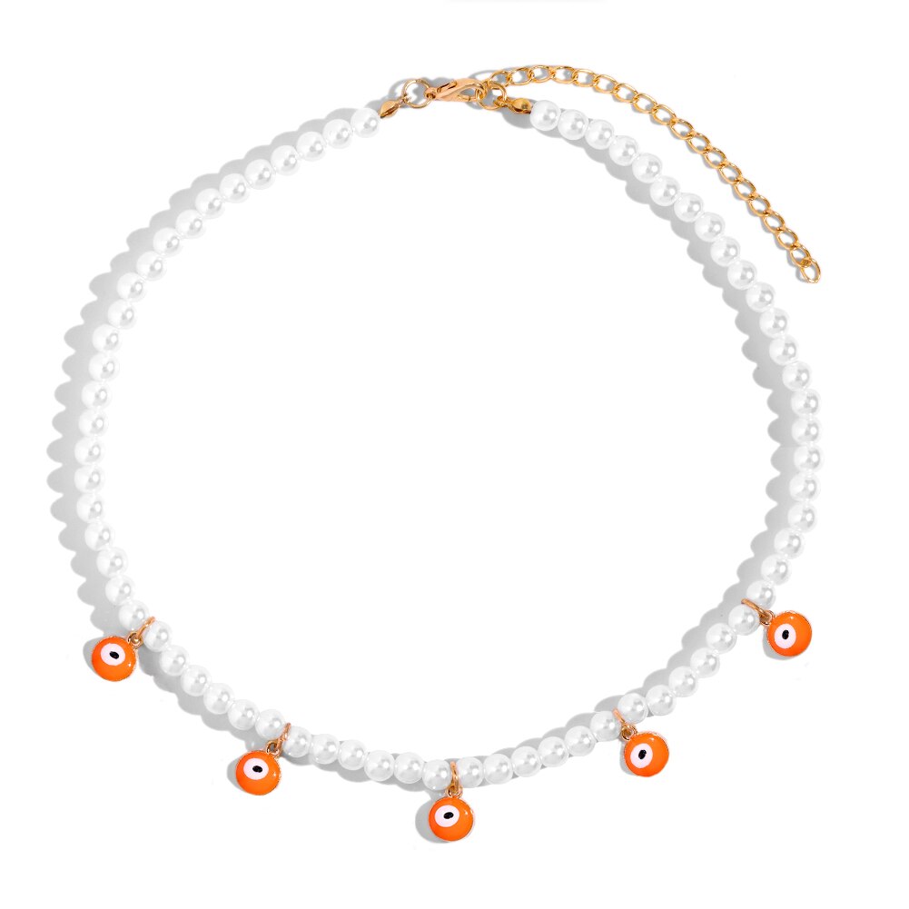 Y2K Rainbow Colorful Evil Eye Pearl Beaded Necklace For Women Dripping Oil Round Charms Choker Necklace Bohemian Jewelry