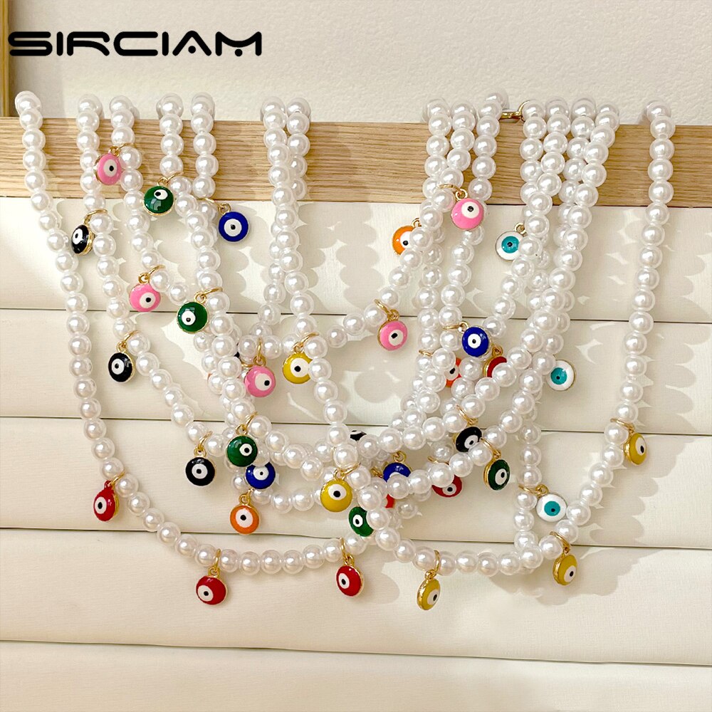 Y2K Rainbow Colorful Evil Eye Pearl Beaded Necklace For Women Dripping Oil Round Charms Choker Necklace Bohemian Jewelry