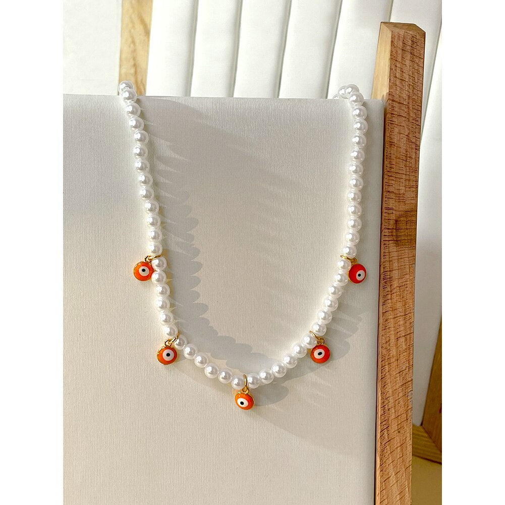 Y2K Rainbow Colorful Evil Eye Pearl Beaded Necklace For Women Dripping Oil Round Charms Choker Necklace Bohemian Jewelry