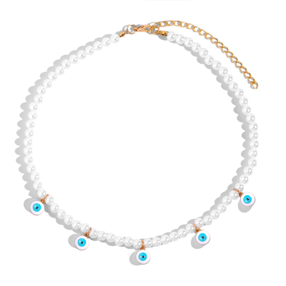 Y2K Rainbow Colorful Evil Eye Pearl Beaded Necklace For Women Dripping Oil Round Charms Choker Necklace Bohemian Jewelry