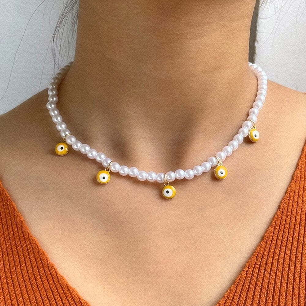 Y2K Rainbow Colorful Evil Eye Pearl Beaded Necklace For Women Dripping Oil Round Charms Choker Necklace Bohemian Jewelry