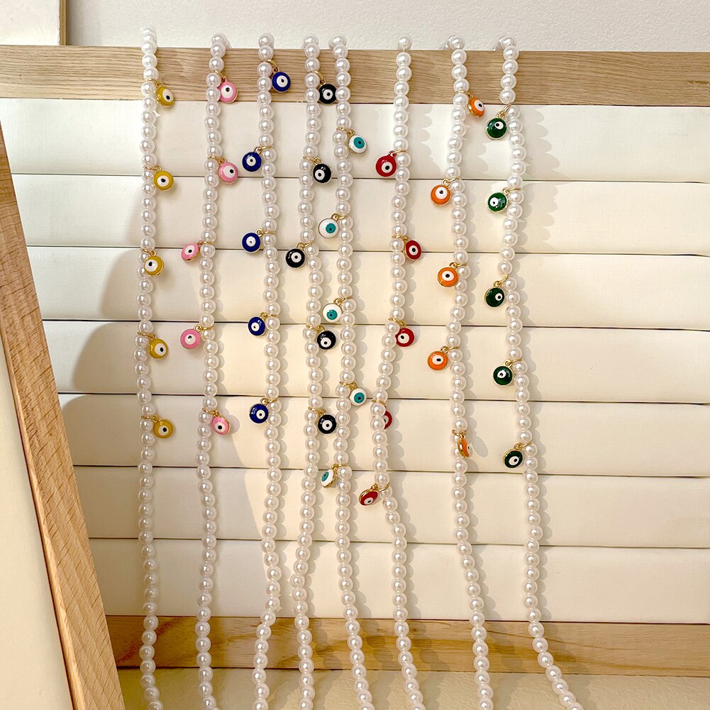 Y2K Rainbow Colorful Evil Eye Pearl Beaded Necklace For Women Dripping Oil Round Charms Choker Necklace Bohemian Jewelry