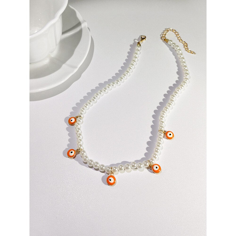 Y2K Rainbow Colorful Evil Eye Pearl Beaded Necklace For Women Dripping Oil Round Charms Choker Necklace Bohemian Jewelry