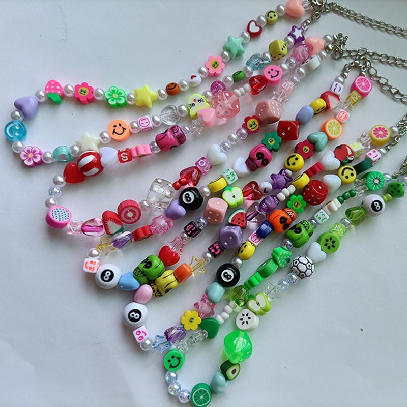 Y2K Trendy Beaded Choker Necklace Women Goth Punk Harajuku Skull Fruit Smile Face Beads Pearl Necklace Bohemian Hollowen Jewelry