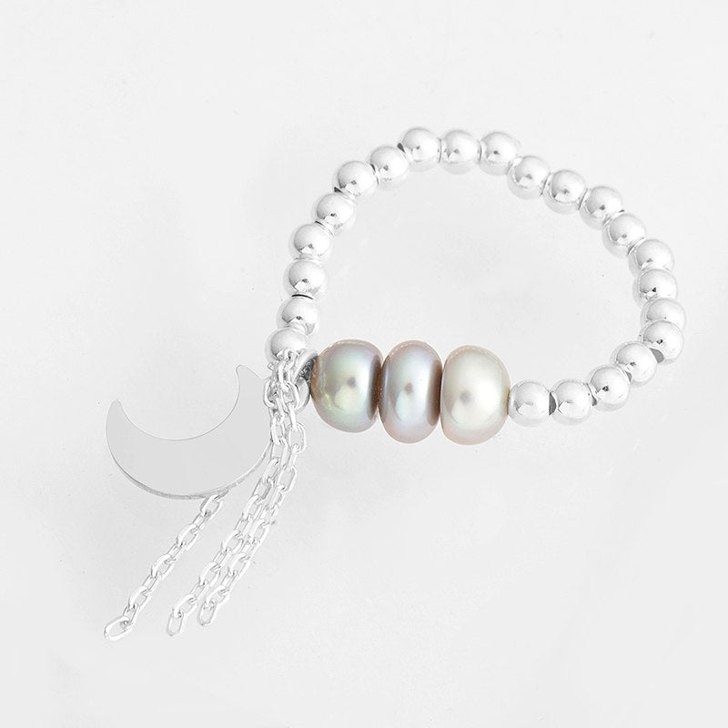 925 Sterling Silver Beaded Rings With Pearl Handcraft 18 K Gold Tassel Moon Pendant Adjustable Rings Jewelry